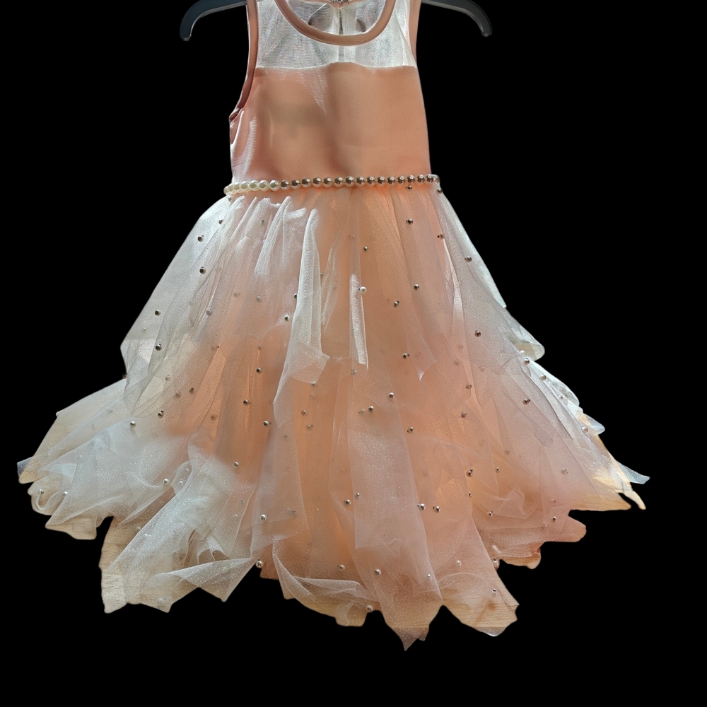 American Princess Peach Tulle Dance Dress with Pearl Trim